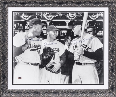 Mickey Mantle, Duke Snider, and Pee Wee Reese Signed and Framed 16x20 Photo From 1956 World Series (Steiner)